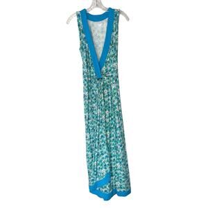 Land's End Maxi Dress Blue Floral Print Soft V-Neck Faux Wrap Cottagecore Small‎